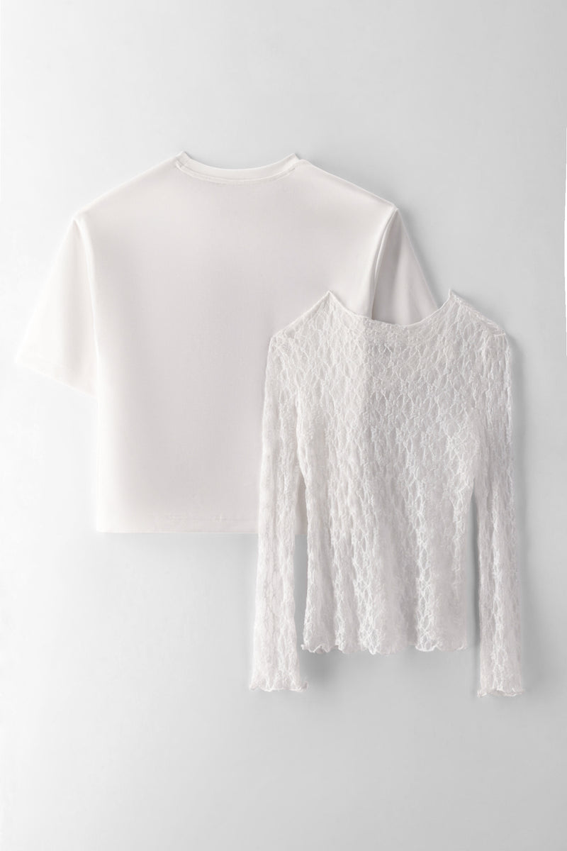 Girls Oversized Combo Lace Long Sleeve Tee - Off White