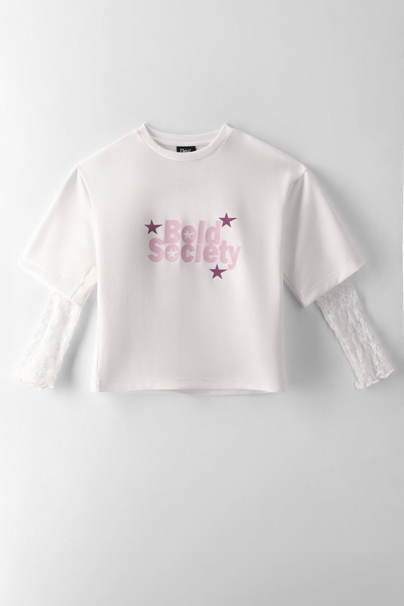 Girls Oversized Combo Lace Long Sleeve Tee - Off White