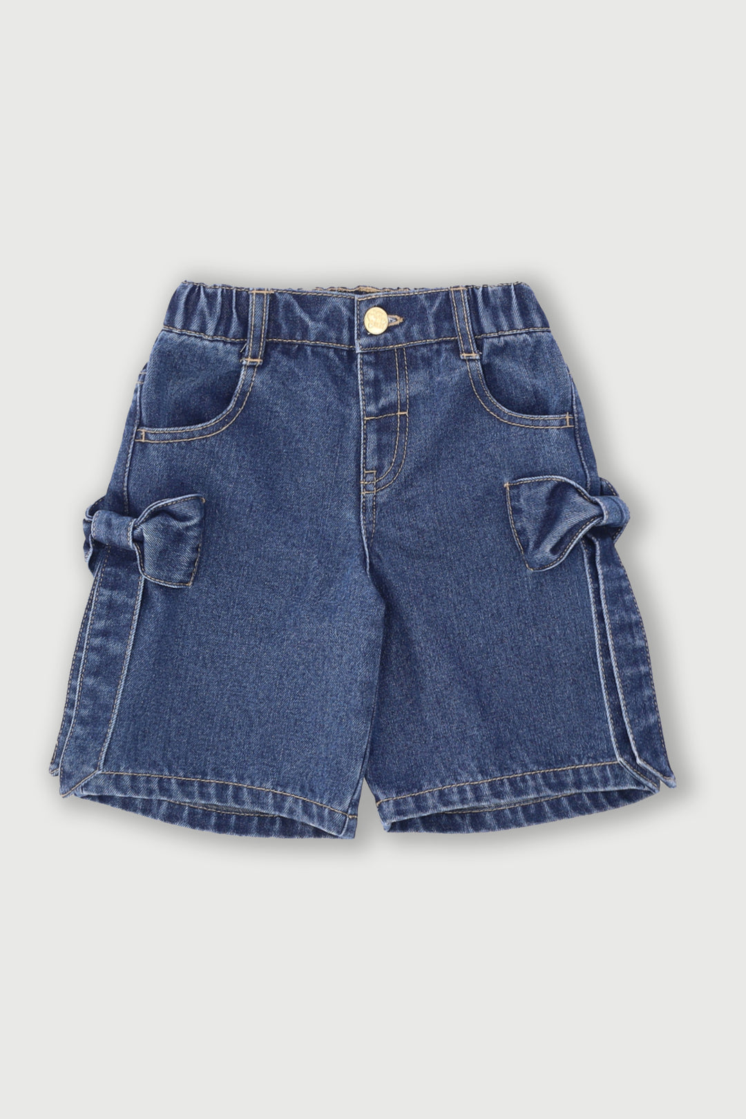 Pre-Girls Denim Jort With Bows - Mid Blue