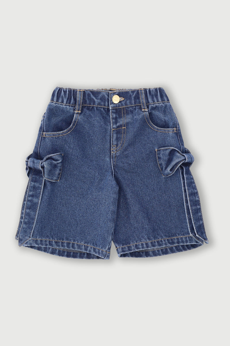 Pre-Girls Denim Jort With Bows - Mid Blue