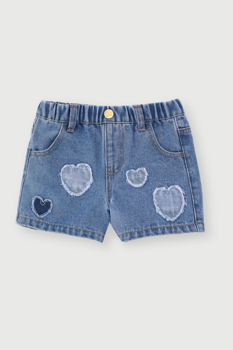 Pre-Girls Heart Applique Denim Shorts - Light Blue