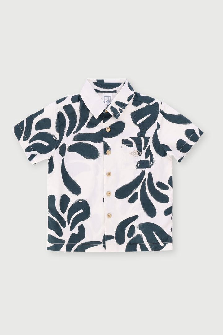 Pre-Boys Leaf Abstract Shirt - Cream/Dark Green