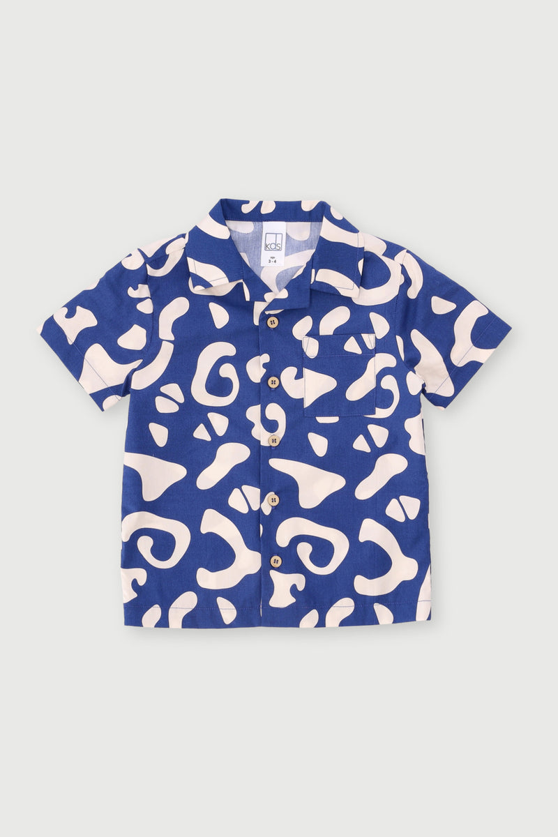 Pre-Boys Abstract Cotton Poplin Shirt - Dark Blue