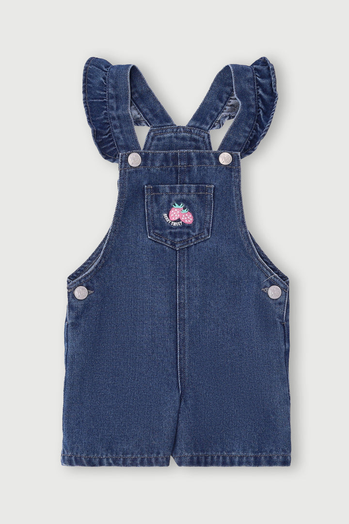 Pre-Girls Frill Detail Embroidred Denim Dungaree - Dark Blue