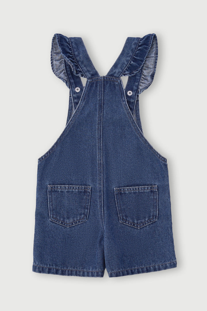 Pre-Girls Frill Detail Embroidred Denim Dungaree - Dark Blue