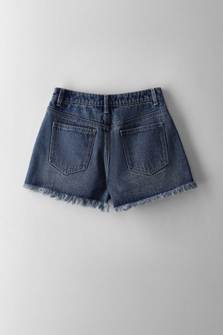Girls Raw Hem Heavy Abraised Cheeky Short - Mid Blue