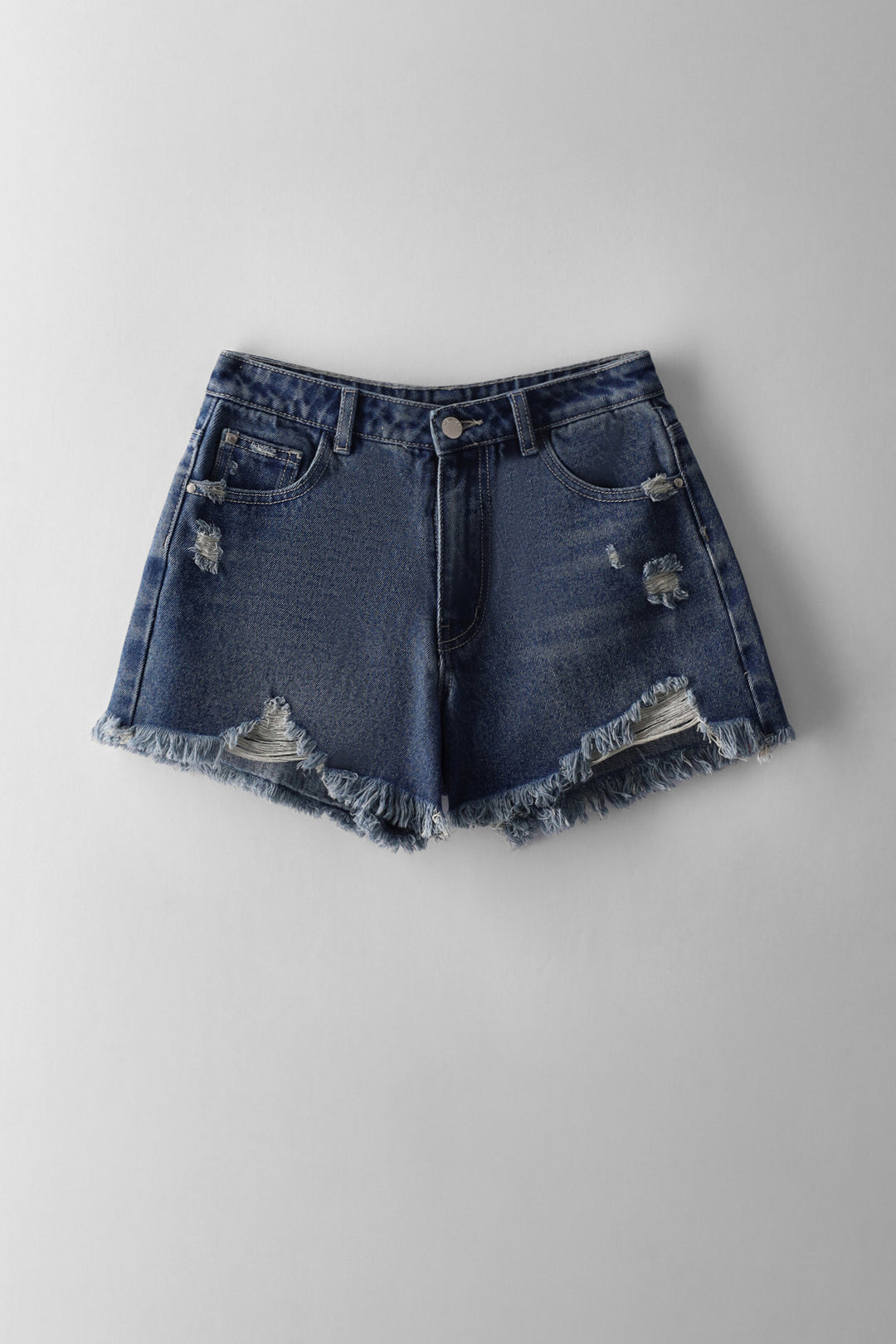 Girls Raw Hem Heavy Abraised Cheeky Short - Mid Blue