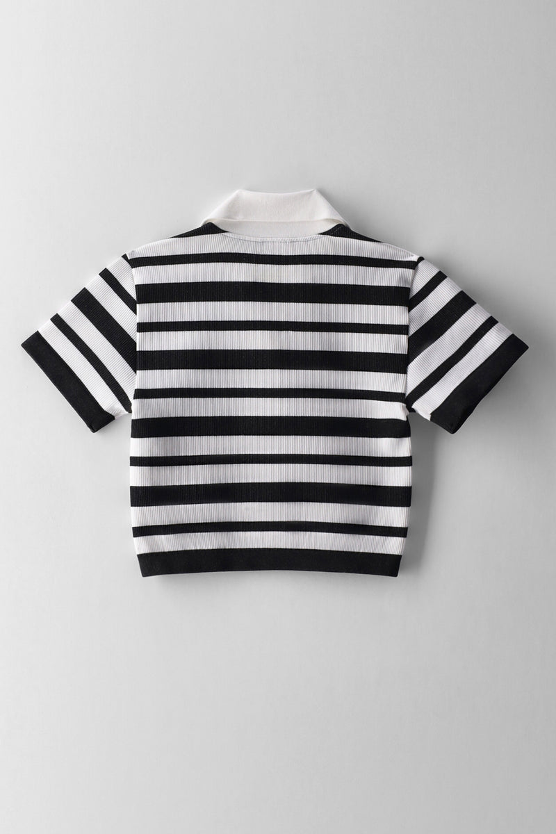 Girls Stripe Collar Top - Black/Cream