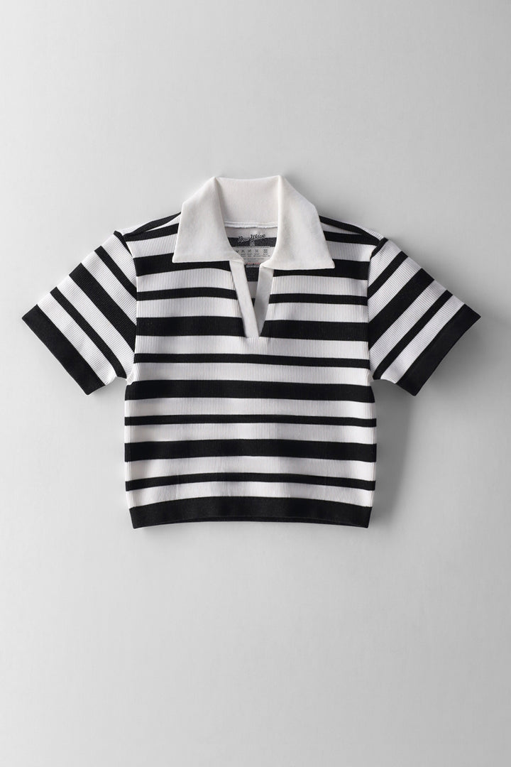 Girls Stripe Collar Top - Black/Cream