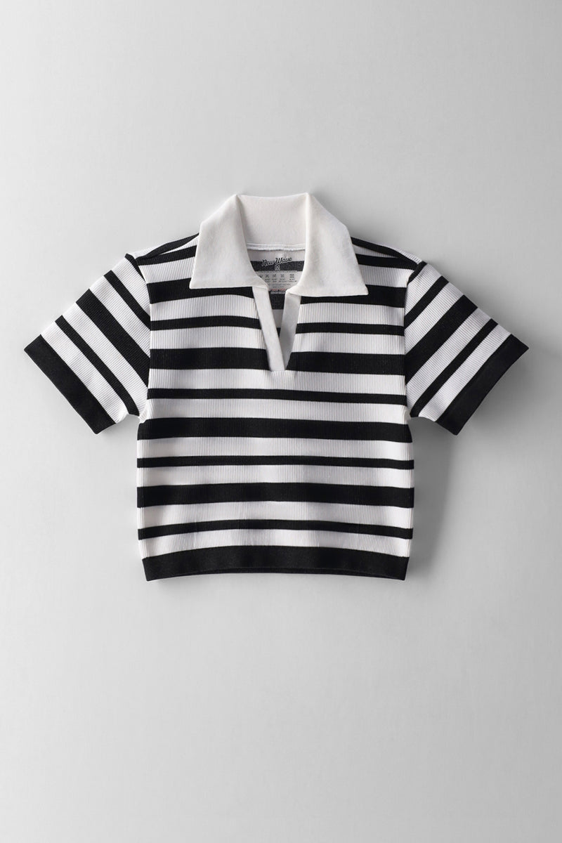 Girls Stripe Collar Top - Black/Cream