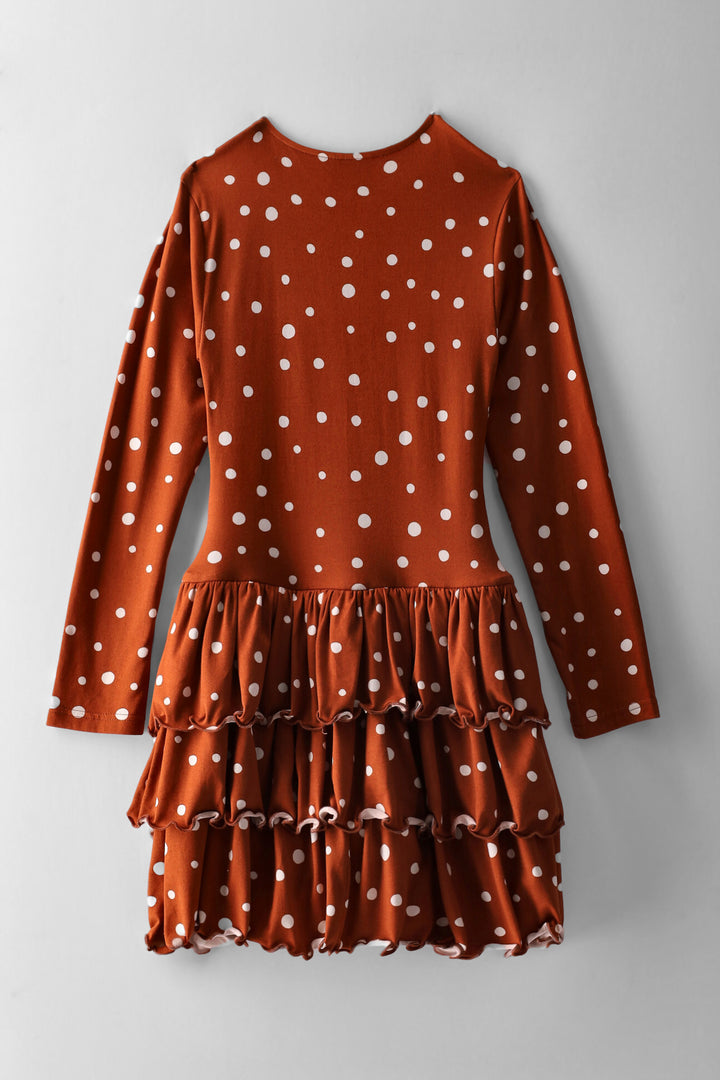 Girls Polka Dot Long Sleeve Rara Dress - Rust