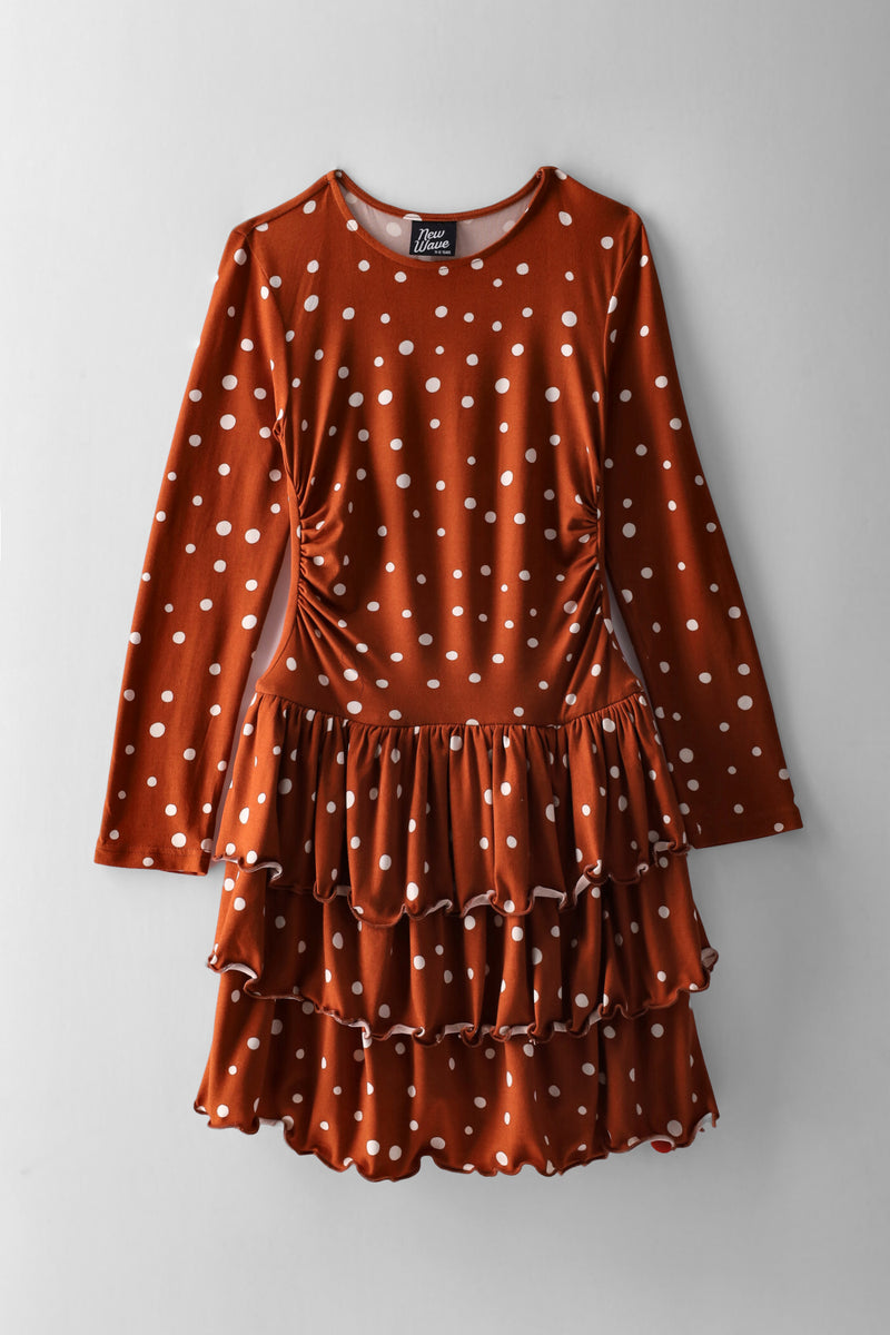 Girls Polka Dot Long Sleeve Rara Dress - Rust