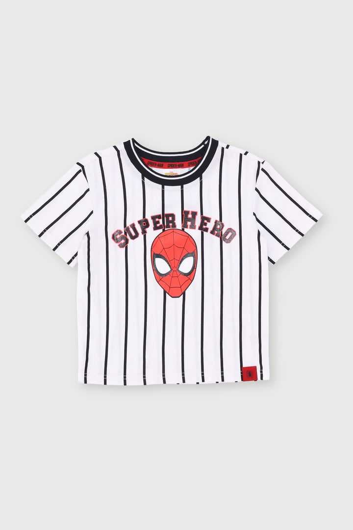 Pre-Boys Striped Spiderman Print Tee - White