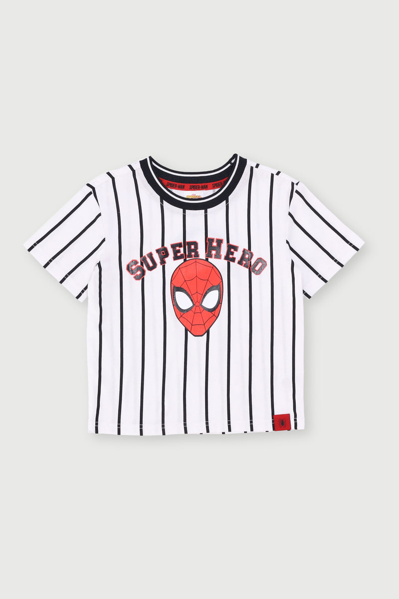 Pre-Boys Striped Spiderman Print Tee - White