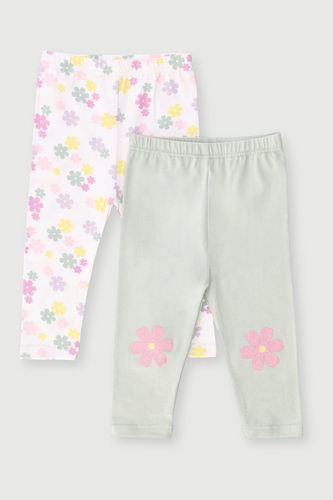Baby Girls 2 Pack Flower Leggings - Sage