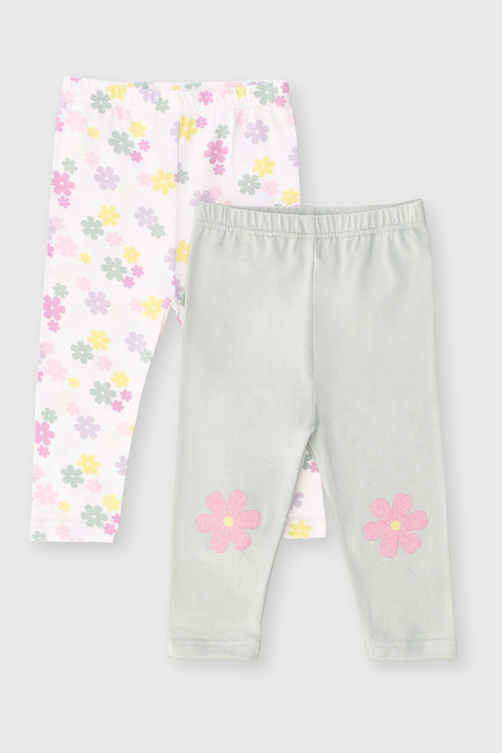 Baby Girls 2 Pack Flower Leggings - Sage