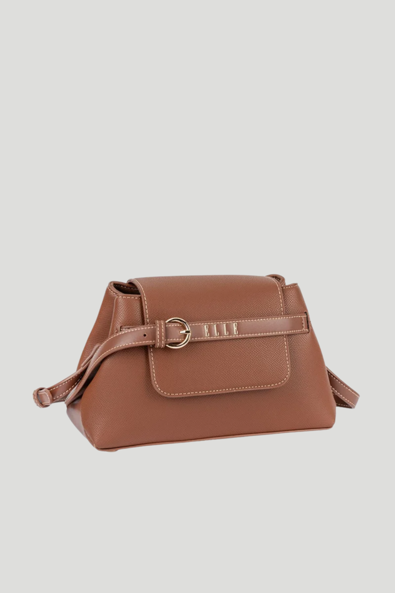 Belt Buckle Flapover Sling Bag - Brown