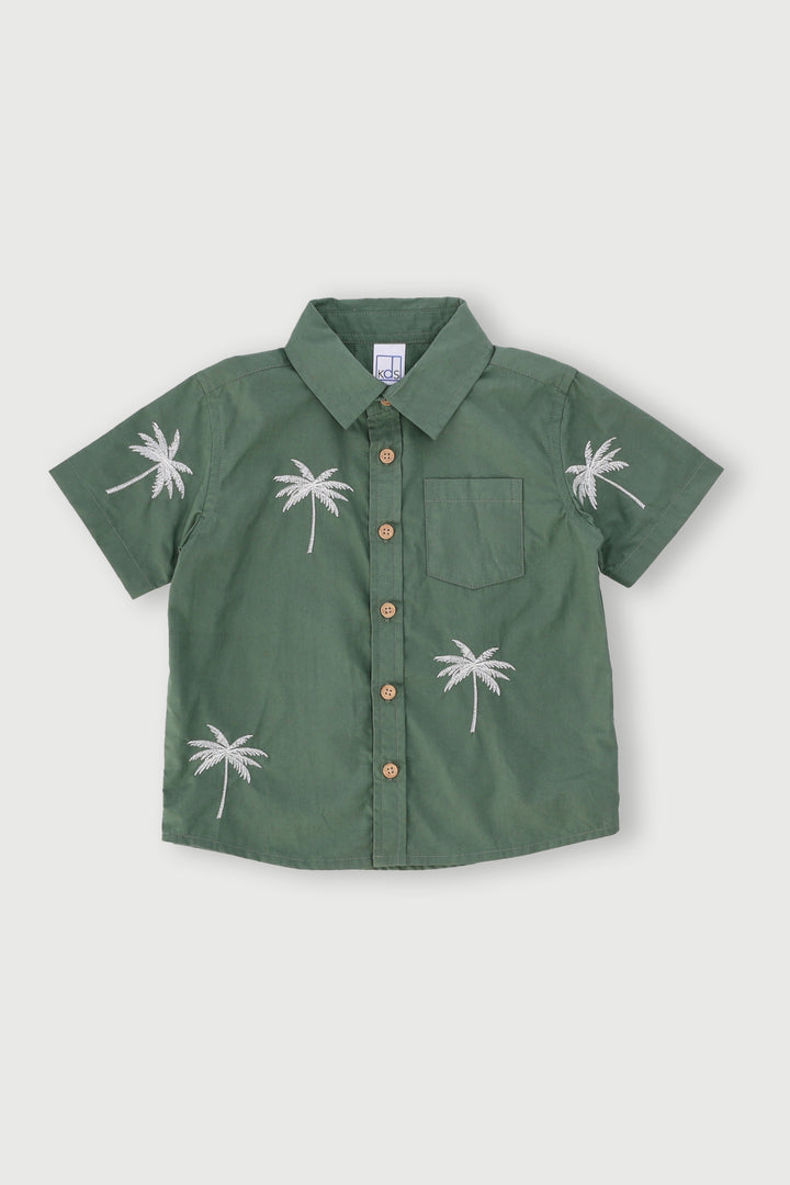Pre-Boys Palm Embroidery Cotton Shirt - Green