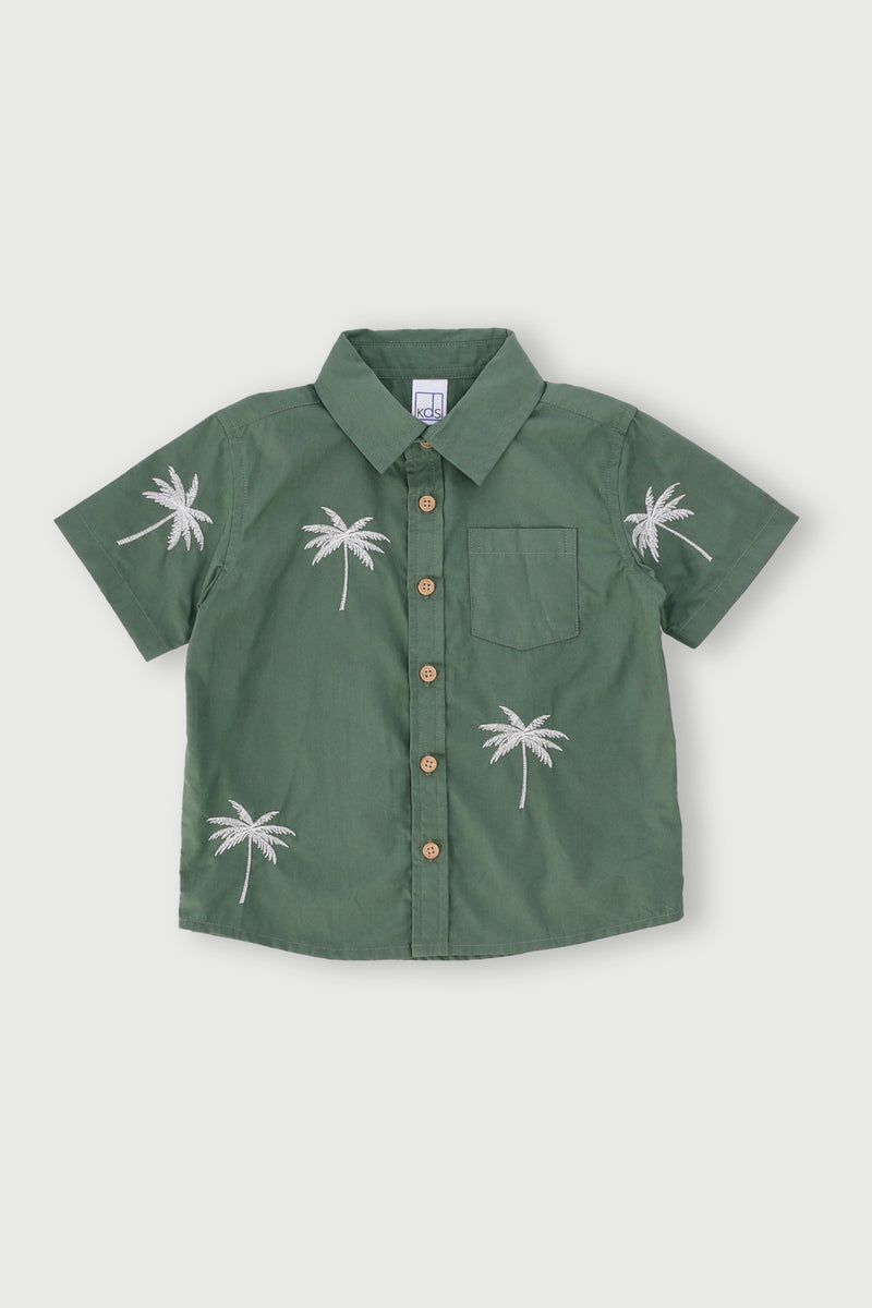 Pre-Boys Palm Embroidery Cotton Shirt - Green