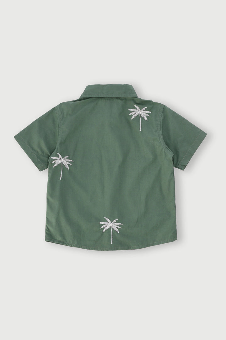 Pre-Boys Palm Embroidery Cotton Shirt - Green