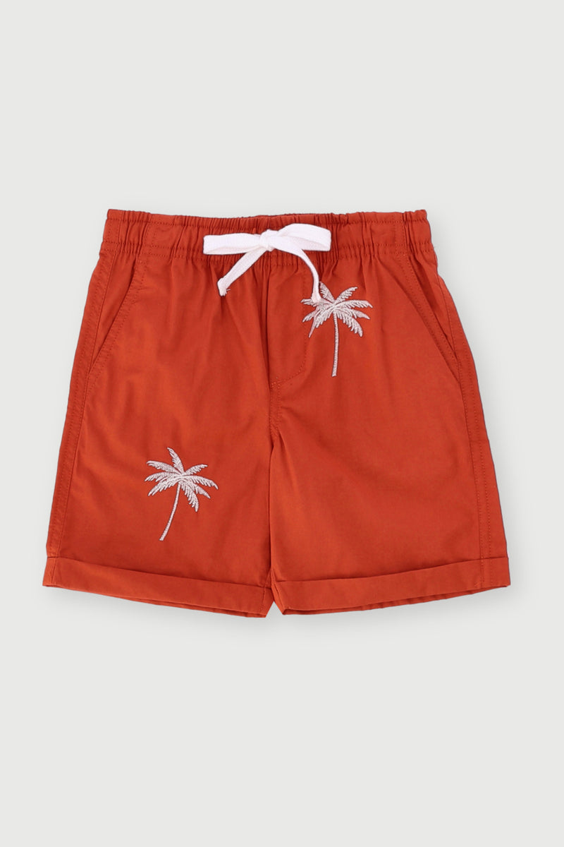 Pre-Boys Palm Embroidery Cotton Short - Terracotta