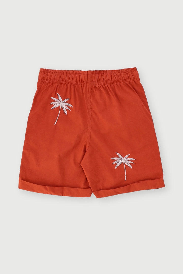 Pre-Boys Palm Embroidery Cotton Short - Terracotta