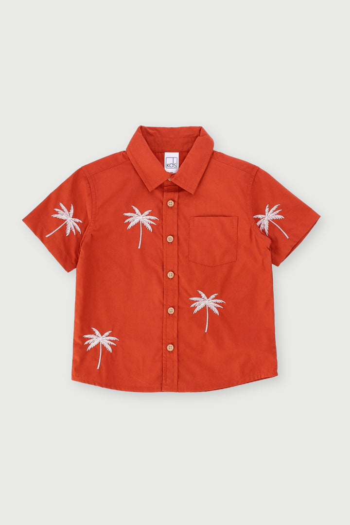 Pre-Boys Palm Embroidery Cotton Shirt - Terracotta