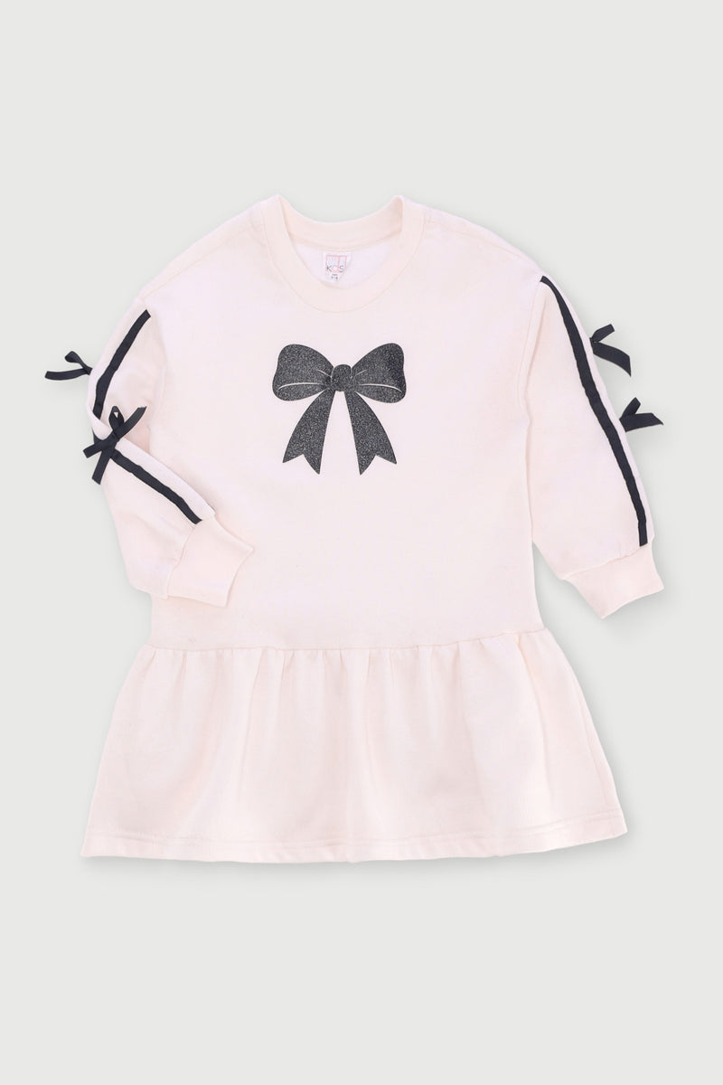 Pre-Girls Long Sleeve Fleece Bow Tapes Dress - Cream