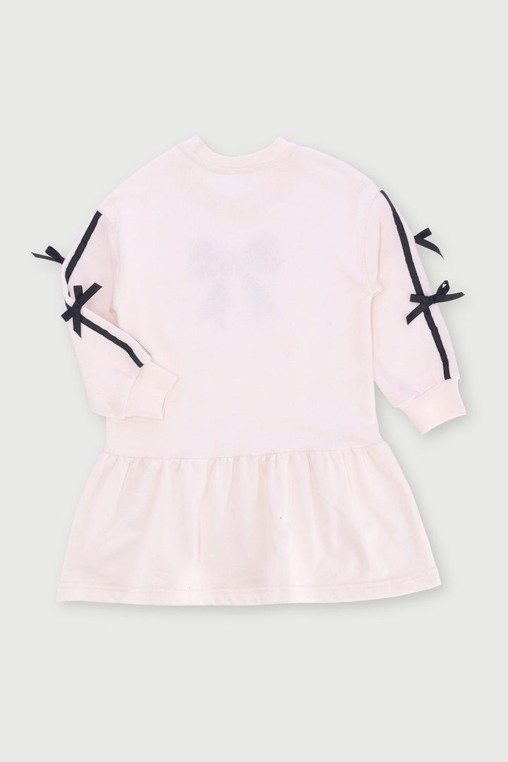 Pre-Girls Long Sleeve Fleece Bow Tapes Dress - Cream