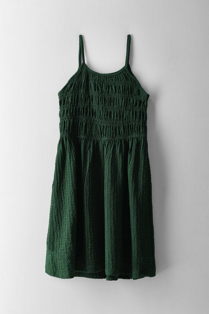 Girls Shirred Bodice Crinkle Knit Dress - Green