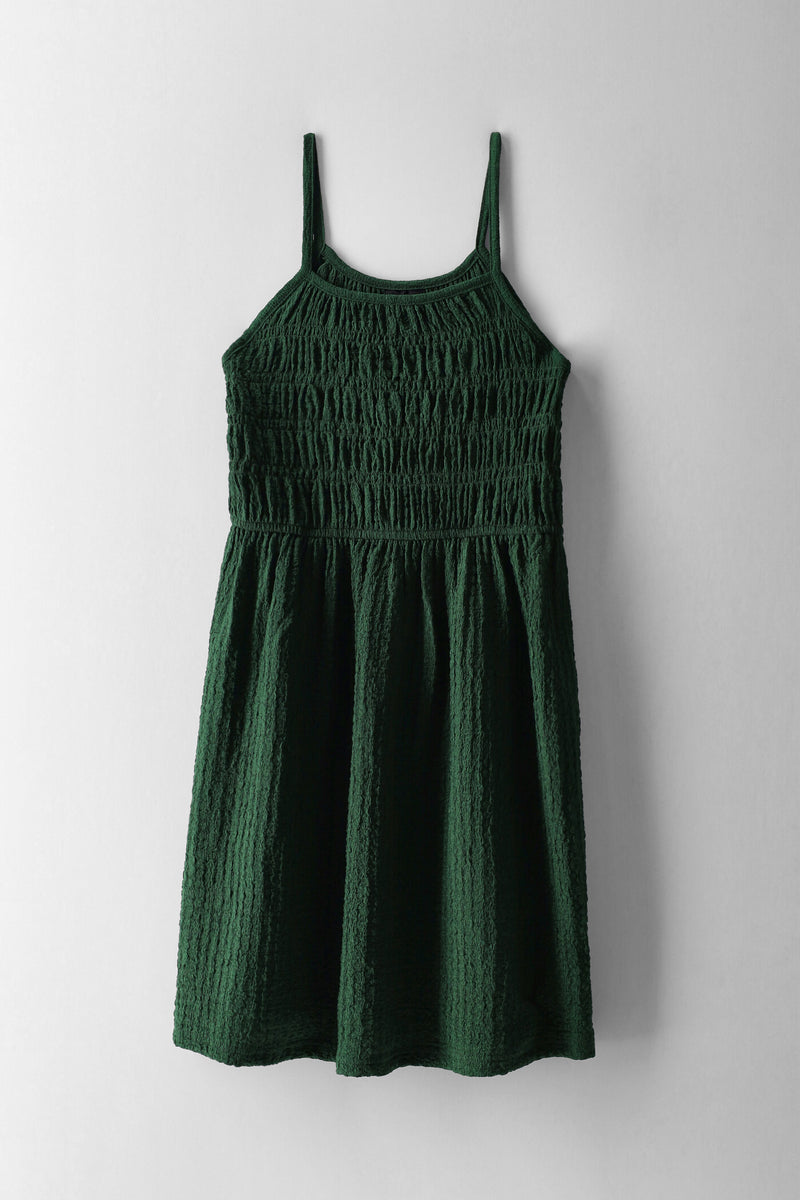 Girls Shirred Bodice Crinkle Knit Dress - Green
