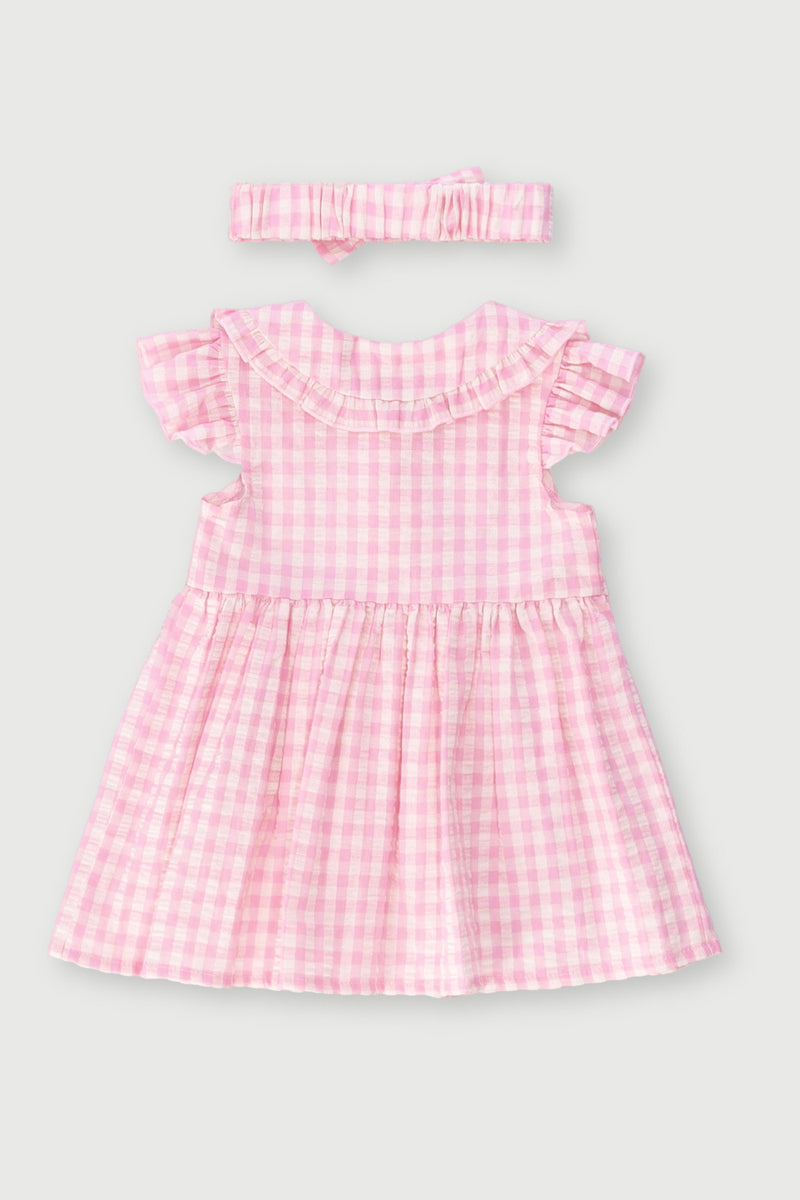 Baby Girls Woven Gingham Dress With Headband - Pink