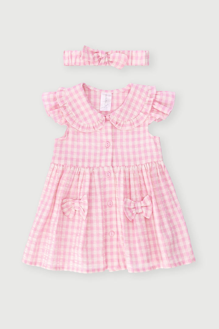 Baby Girls Woven Gingham Dress With Headband - Pink