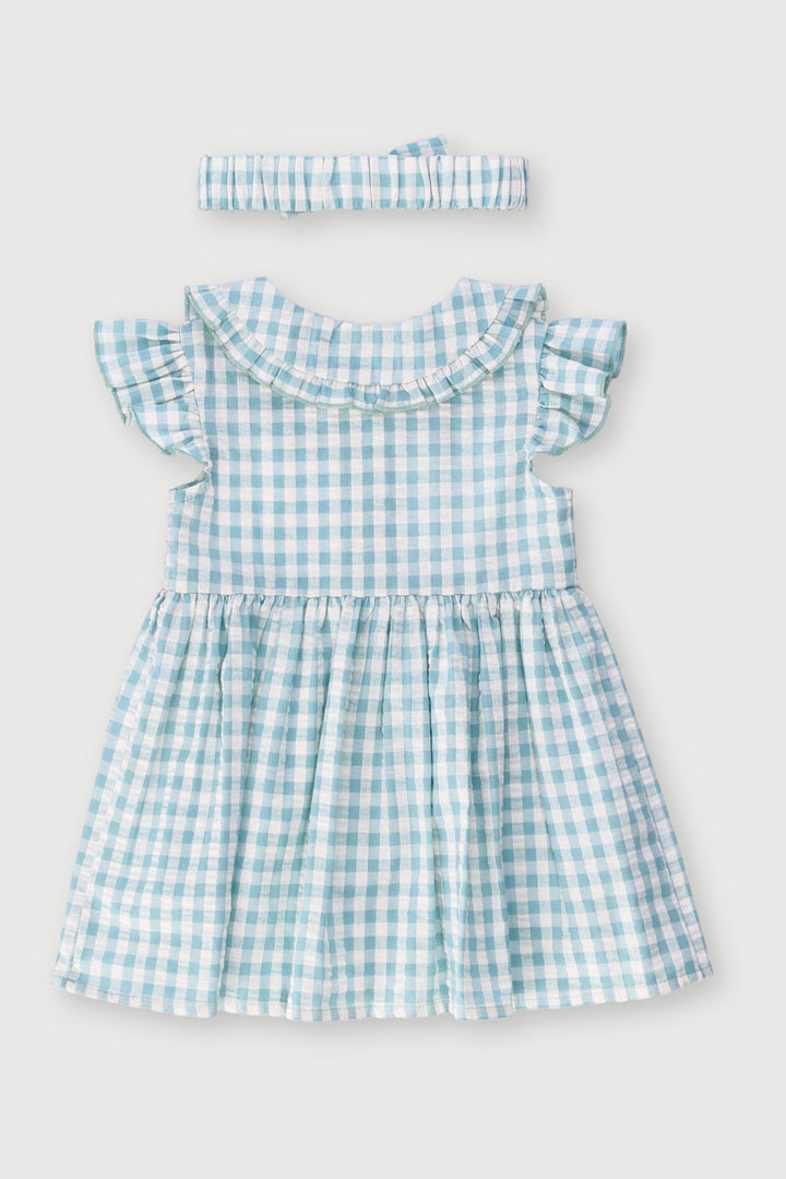 Baby Girls Woven Gingham Dress With Headband - Duck Egg