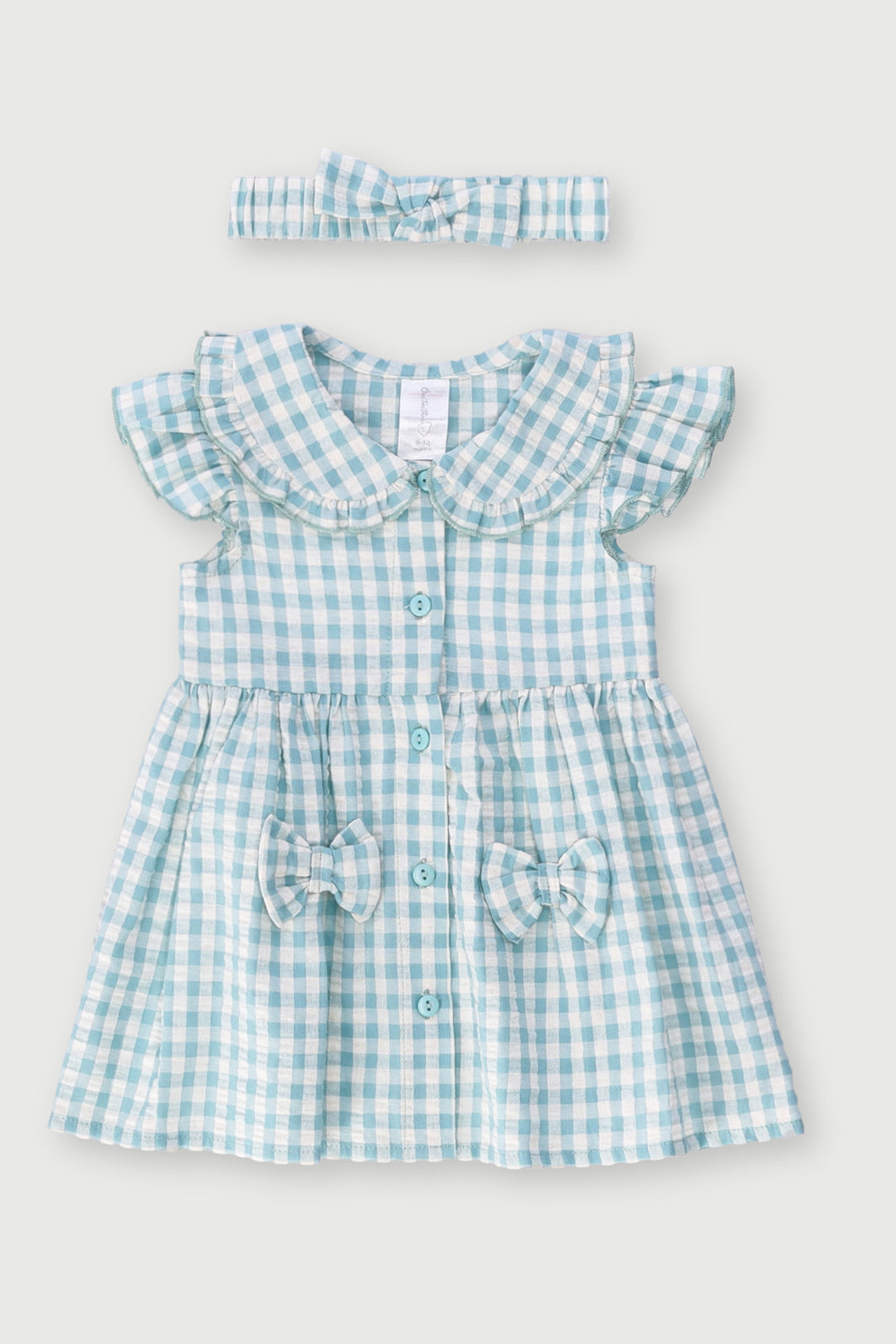 Baby Girls Woven Gingham Dress With Headband - Duck Egg