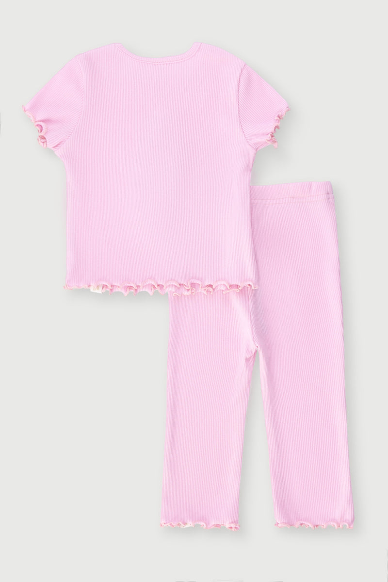Baby Girls Ribbed Embroidered Heart Set - Pink