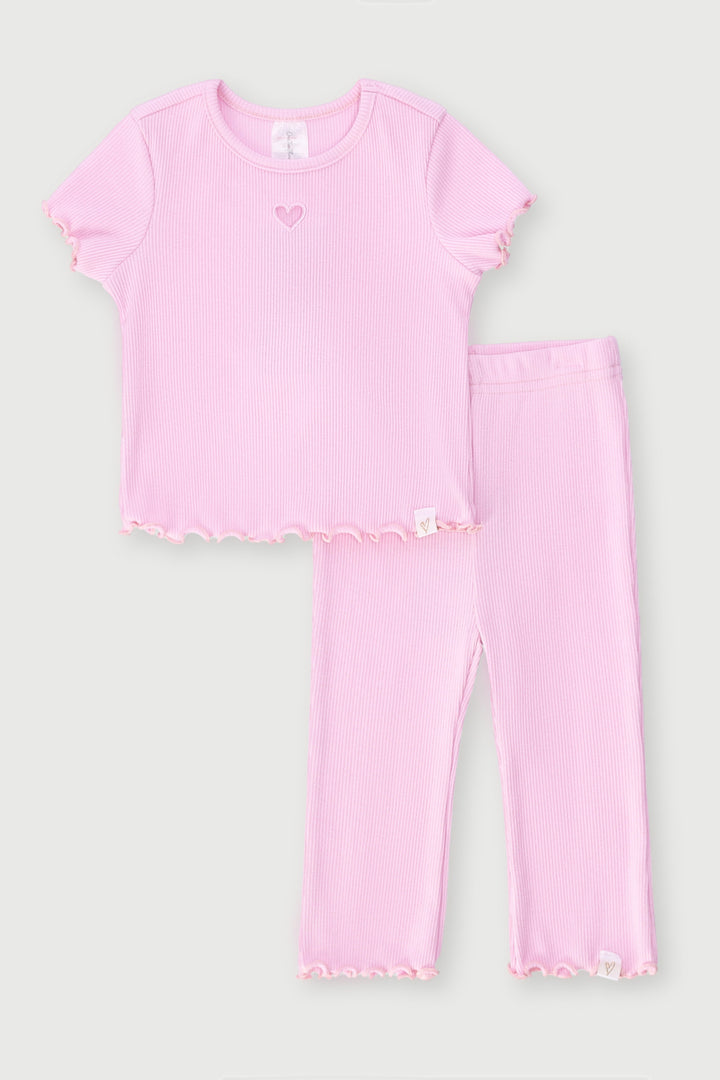 Baby Girls Ribbed Embroidered Heart Set - Pink