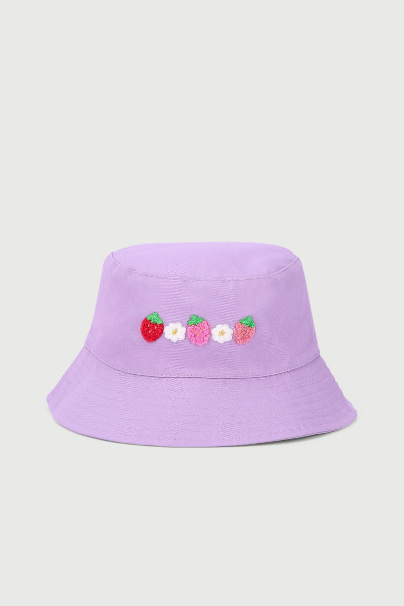 Pre-Girls Strawberry Toweling Embroidered Bucket Hat - Lilac