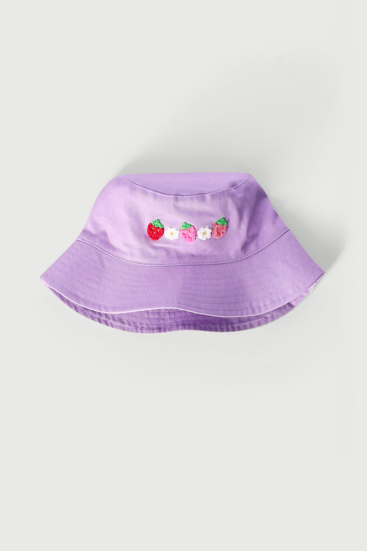 Pre-Girls Strawberry Toweling Embroidered Bucket Hat - Lilac
