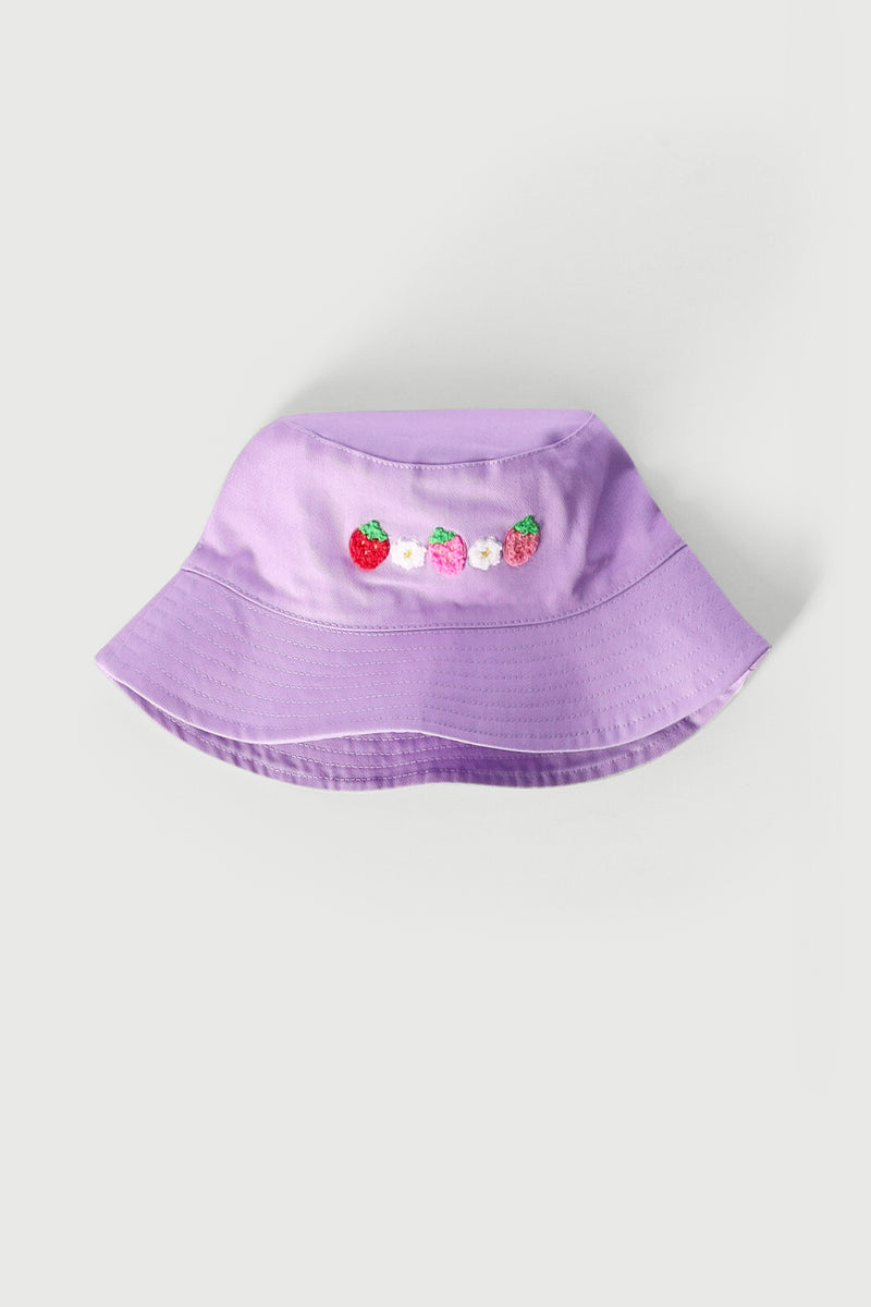 Pre-Girls Strawberry Toweling Embroidered Bucket Hat - Lilac