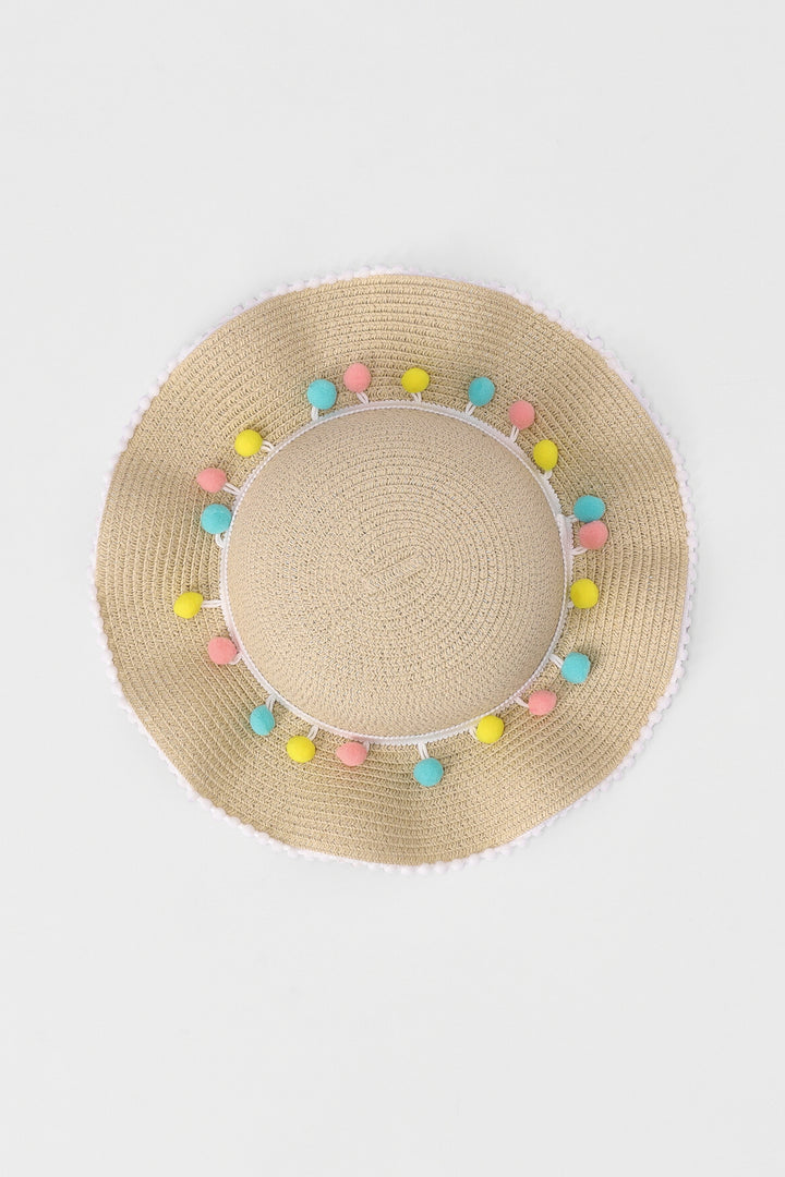 Pre-Girls Pom Pom Trip Sun Hat - Nude