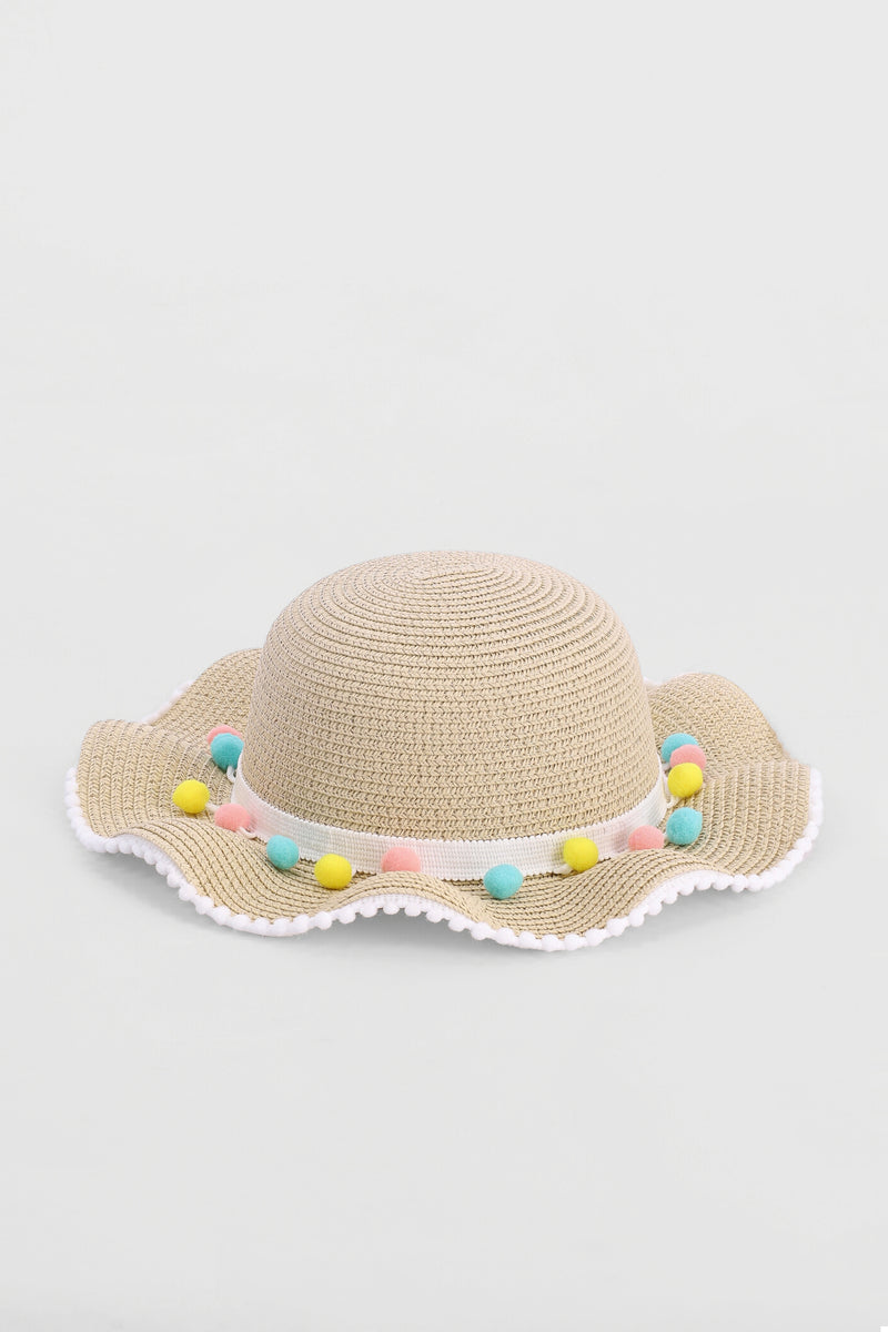 Pre-Girls Pom Pom Trip Sun Hat - Nude