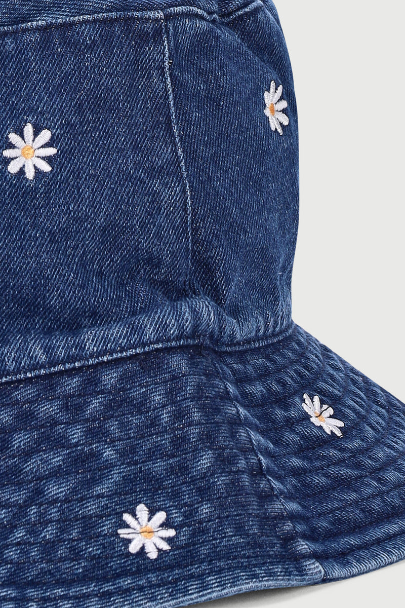 Girls Flower Print Embroidered Bucket Hat - Denim