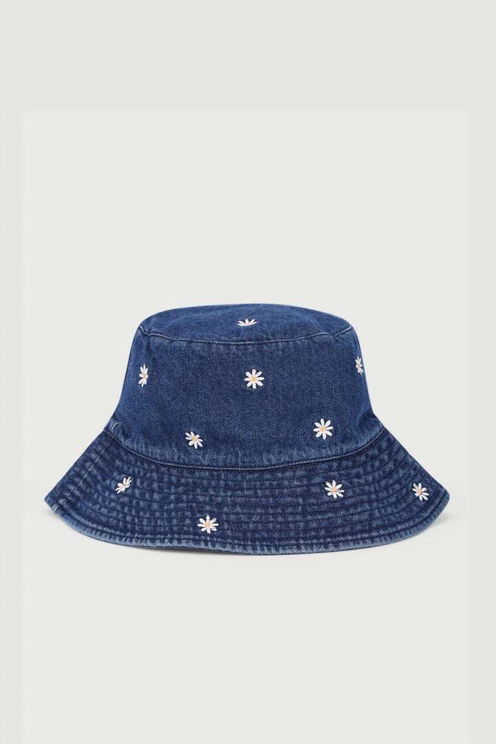 Girls Flower Print Embroidered Bucket Hat - Denim