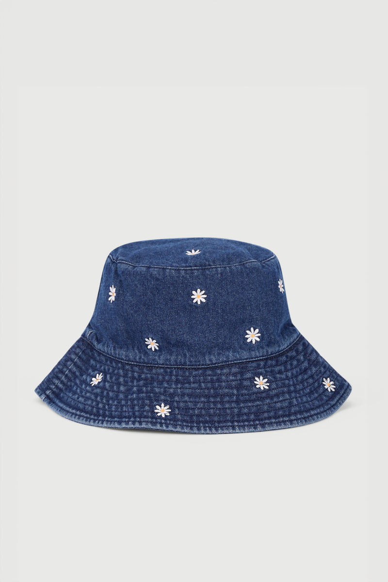Girls Flower Print Embroidered Bucket Hat - Denim