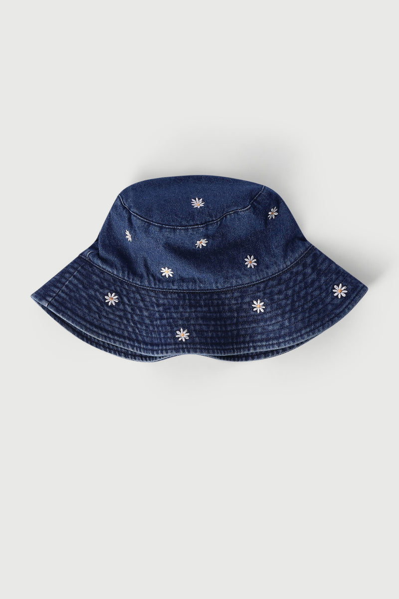 Girls Flower Print Embroidered Bucket Hat - Denim