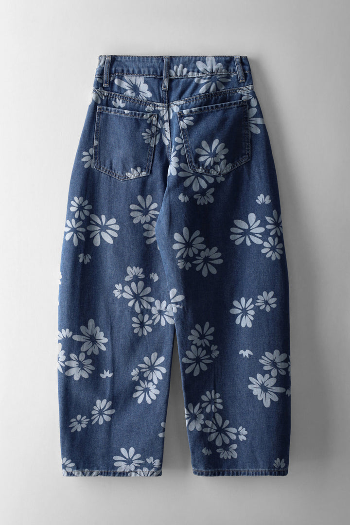 Girls Floral Barrel Denims - Mid Blue