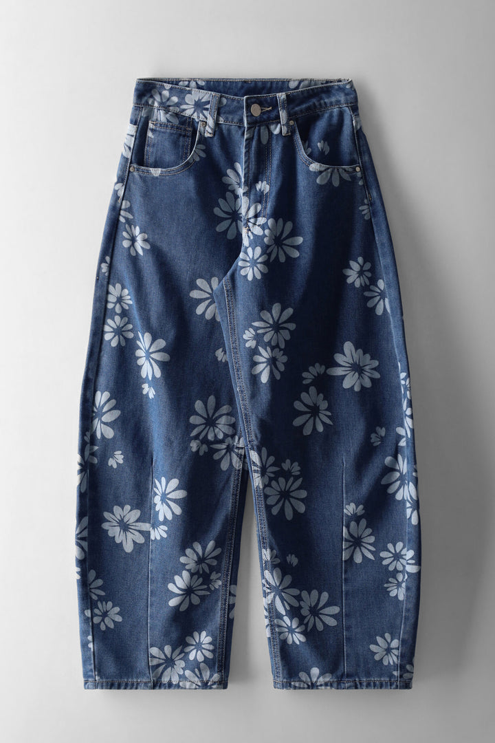 Girls Floral Barrel Denims - Mid Blue