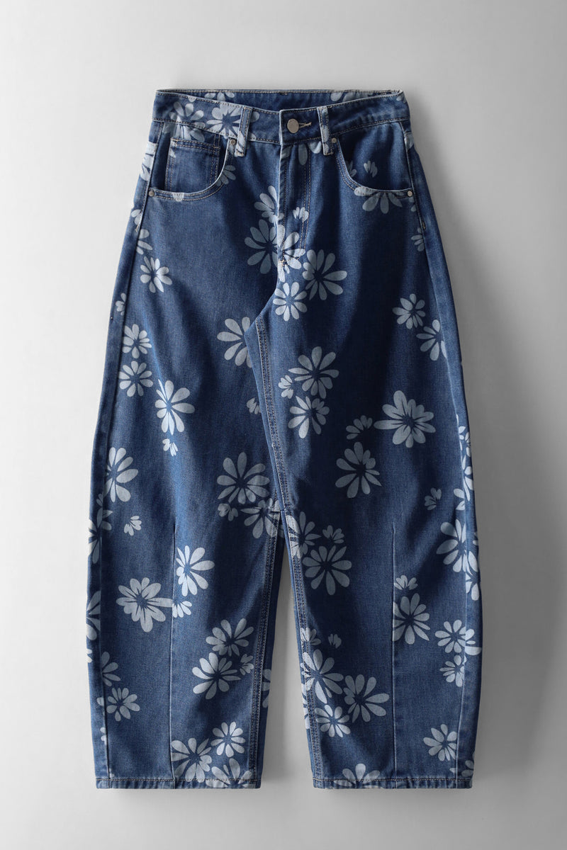Girls Floral Barrel Denims - Mid Blue
