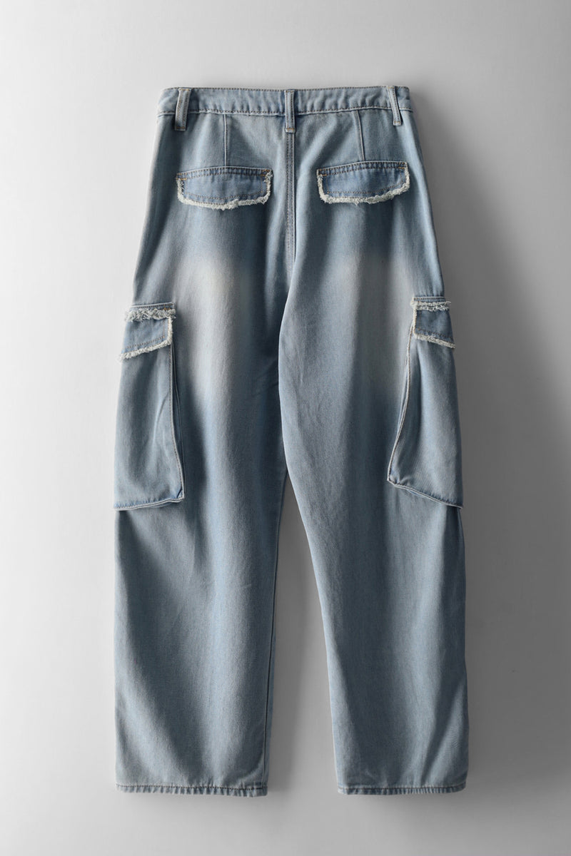 Girls Raw Edge Cargo Denims - Light Blue
